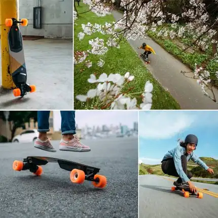 Promotional photographs of Boosted electric skateboards and riders